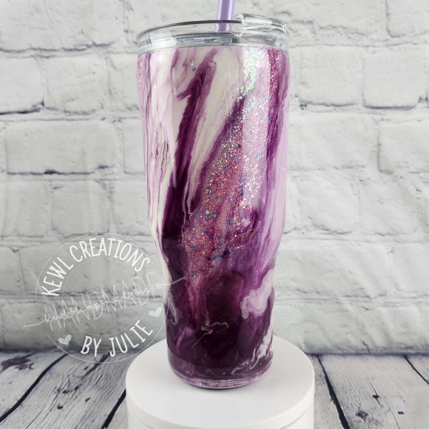 One of a kind, handpainted, glittered, swirls epoxied  REDUCE Brand stainless steel tumbler with straw.