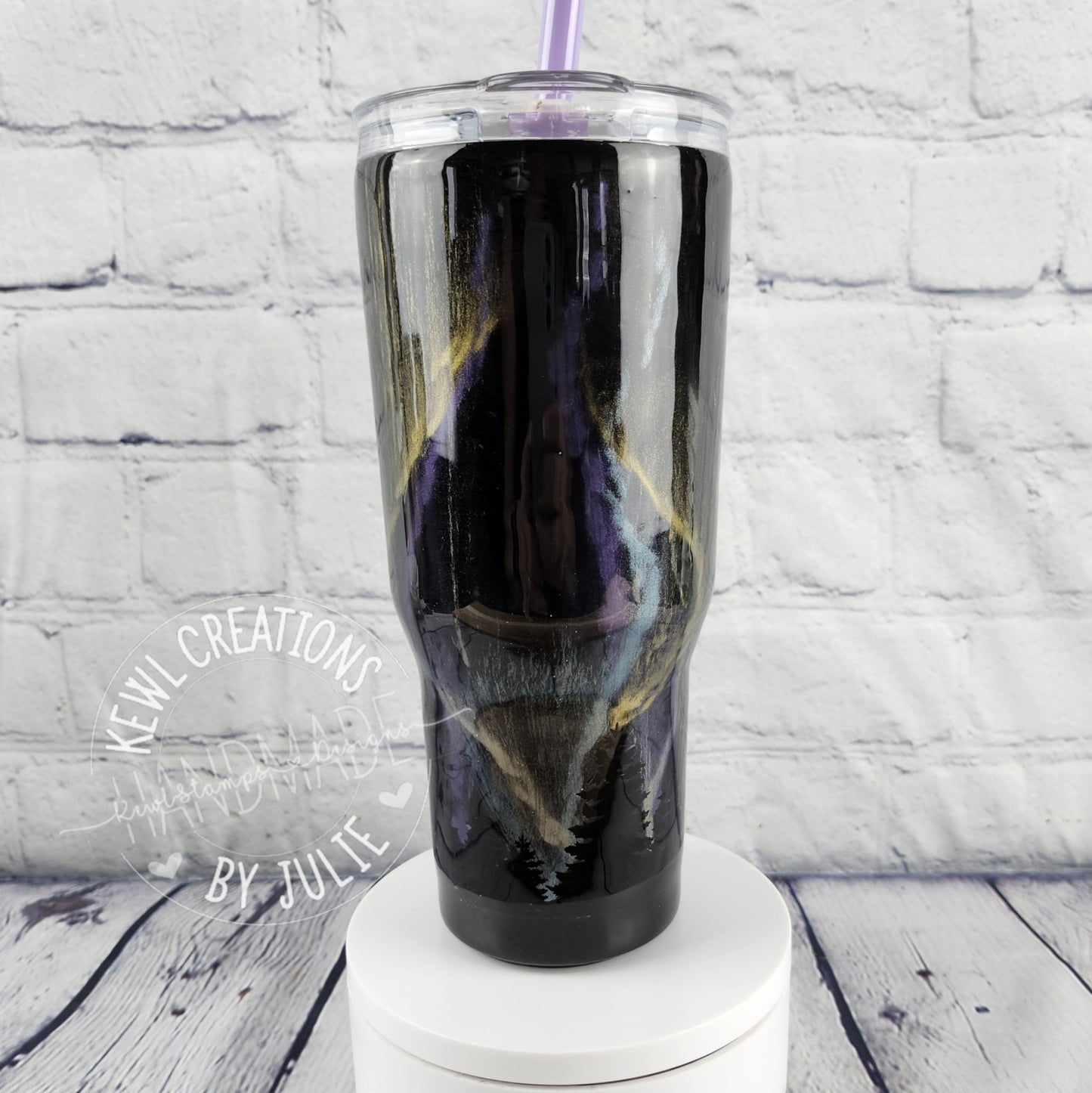 One of a kind, handpainted, glittered, swirls epoxied  REDUCE Brand stainless steel tumbler with straw.