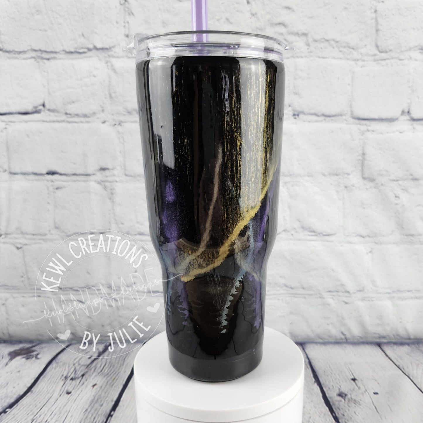 One of a kind, handpainted, glittered, swirls epoxied  REDUCE Brand stainless steel tumbler with straw.